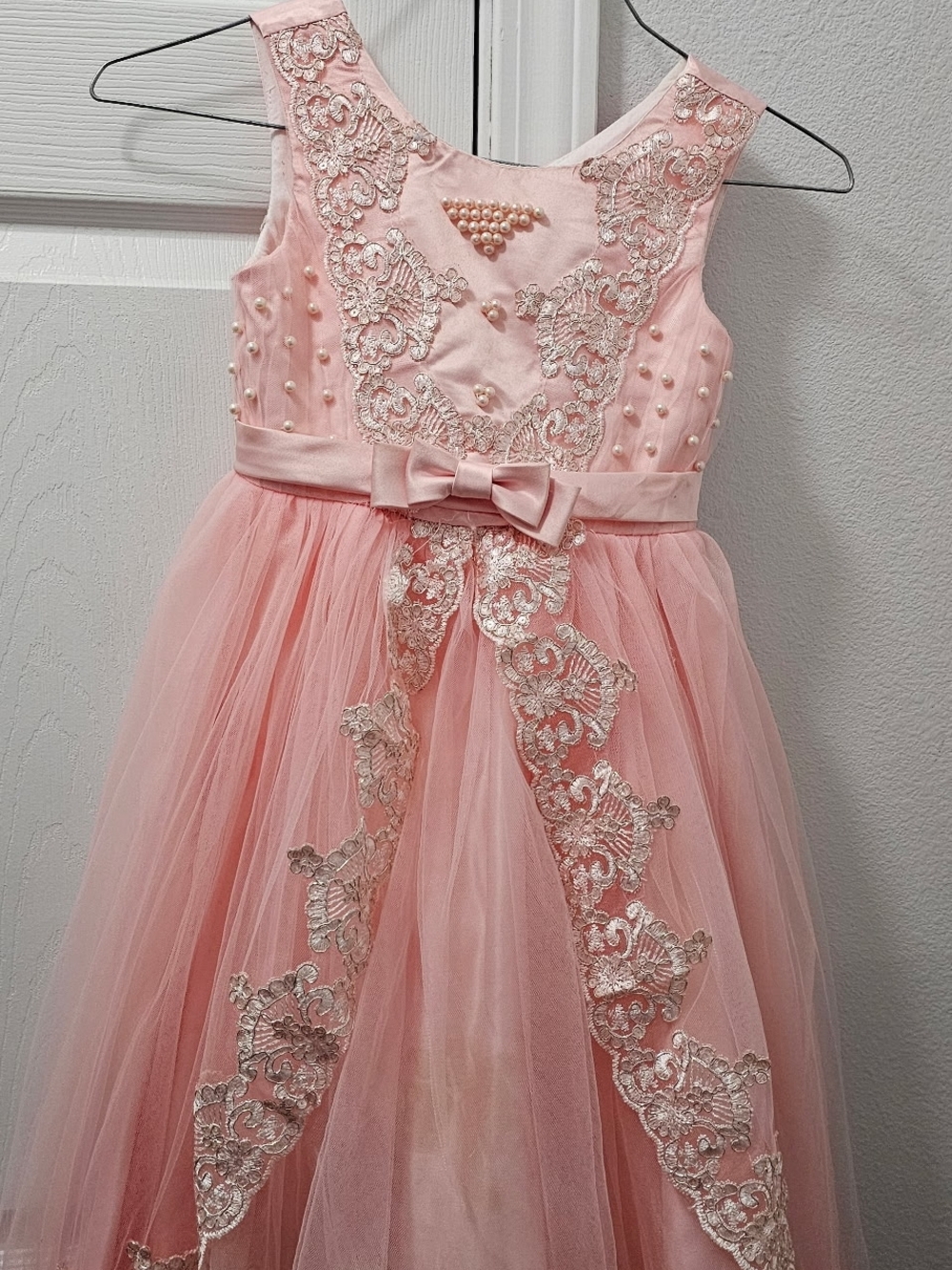 Girls' Pink Lace & Pearl Tulle Formal Dress with Bow